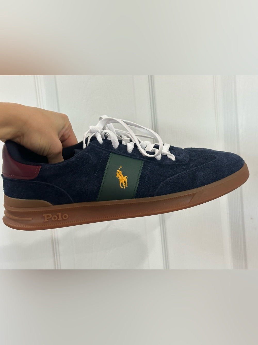 Polo by Ralph Lauren Navy Suede Sneaker with Green Panel & Yellow Logo - Picture 2 of 9